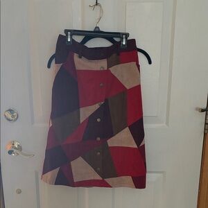 Geometric Patchwork A-Line Skirt - Red and Brown